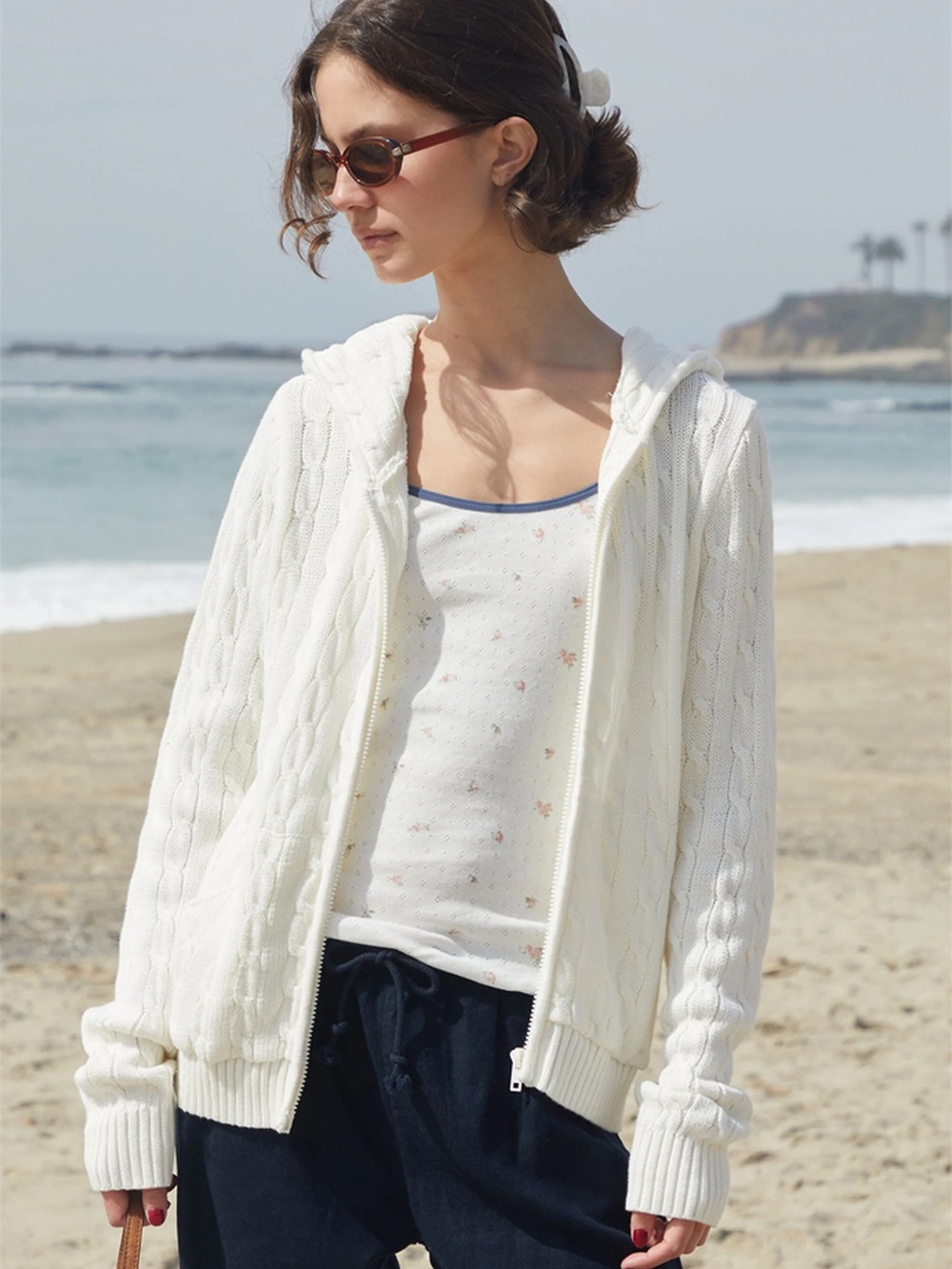 John Galt White Cable Knit Zip Up Hooded Sweater Jacket Y2K Preppy OS